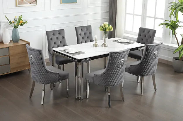 T1274 - 7 PC Luxury Dining Set with Marble Table - Velvet Chair