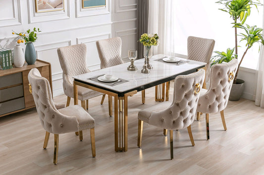 T1275 - 7 PC Luxury Dining Set with Marble Table - Velvet Chair