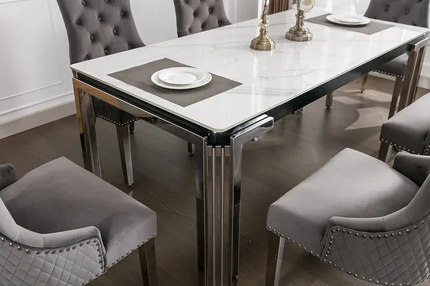 T1274 - 7 PC Luxury Dining Set with Marble Table - Velvet Chair