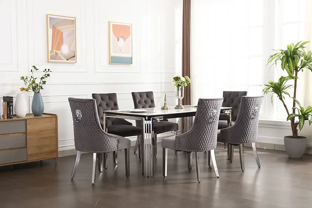 T1274 - 7 PC Luxury Dining Set with Marble Table - Velvet Chair