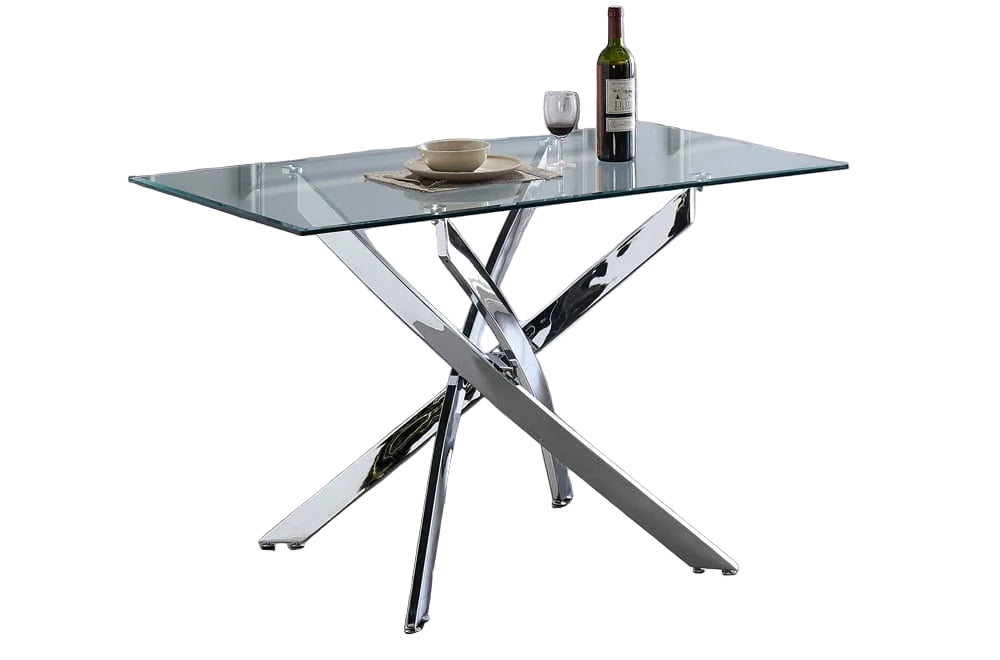tempered Glass dining table with chrome finish metal legs in a modern interior setting